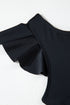 Black Asymmetric Ruffle Shoulder Pleated One Piece Swimsuit